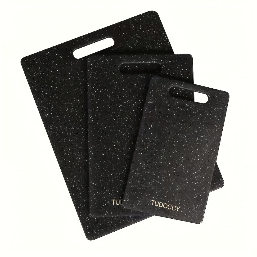 Cutting Board TUOOCY Three-Piece Black Speckled Plastic Set with Handles in Three Graduated Sizes