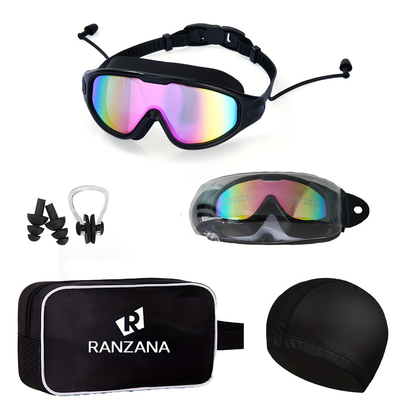 Swimming Goggles Set 6-in-1 with Case & Waterproof Bag – UV Protection Iridescent Coated PC Lens, Silicone Strap, PU Swim Cap