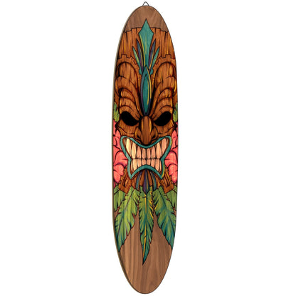 Wooden Surfboard Wall Art 15.74", Rustic Tropical Beach Decor with Hibiscus & Tiki Mask Design