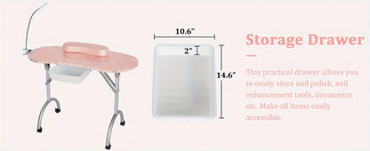 Foldable Nail Table with LED Lamp Drawer Lockable Wheels Wrist Cushion & Carrying Bag, Portable Manicure