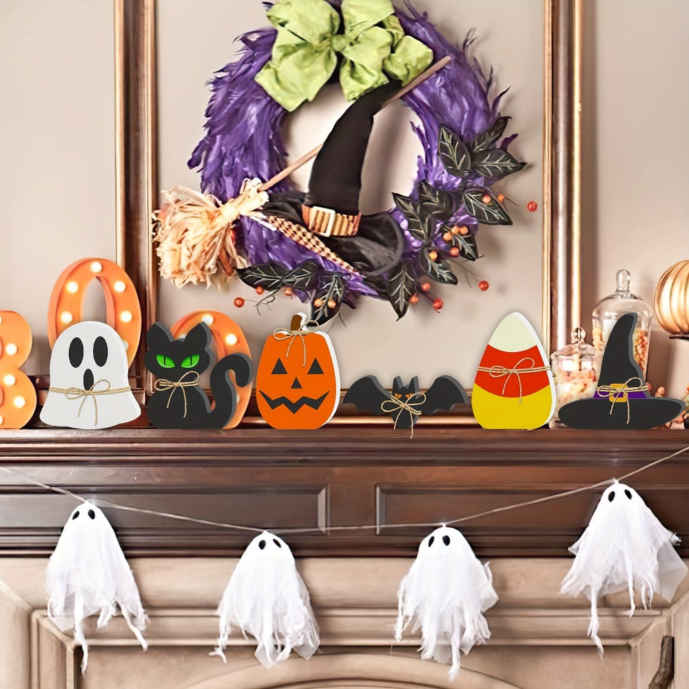 Six-Piece Halloween Freestanding Table Sign Set with Pumpkin, Ghost, Bat, Black Cat, Witch Hat and Candy Corn