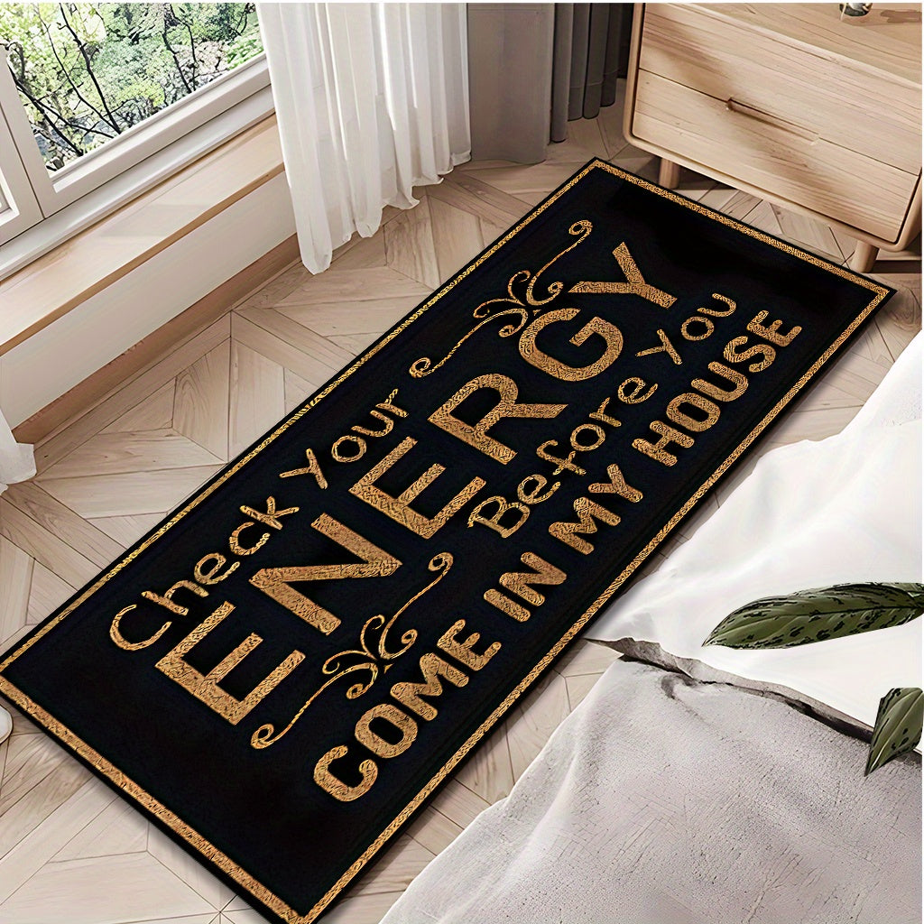 Black-and-Gold Check Your Energy Lettered Doormat in 16 x 24, 20 x 30 or 17 x 47-Inch Sizes