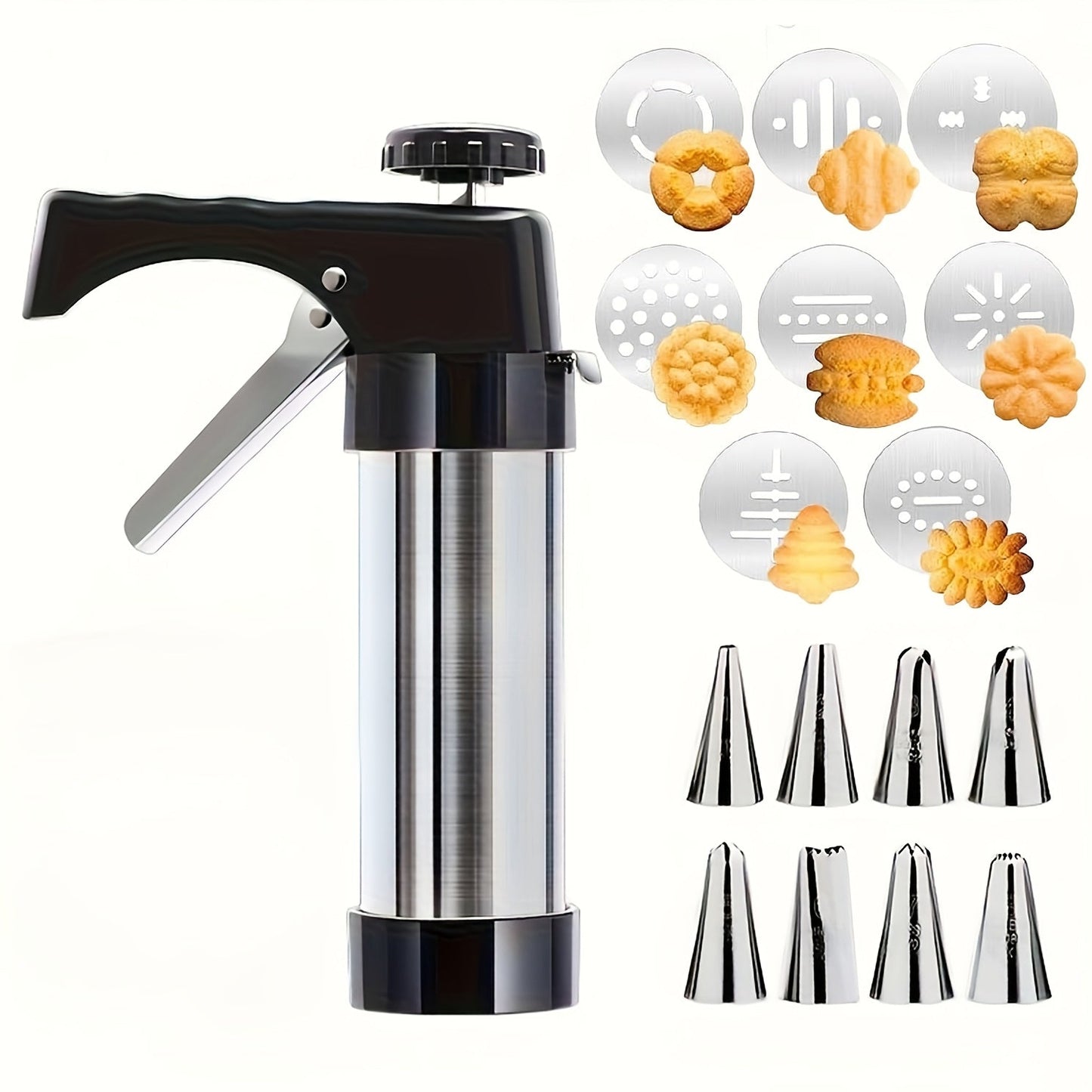 Cookie Press Set 8 Piece Stainless Steel Manual Churro Maker Flower Cookie Mold Baking Tool for Entryways, Bedrooms and Living Spaces