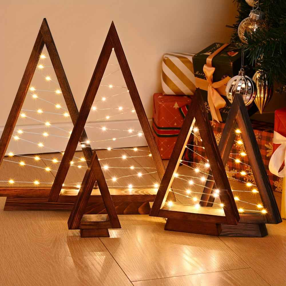 Wooden Light-Up Desktop Christmas Trees USB Powered - Mini Lighted Wood Tree Set for Holiday Decoration