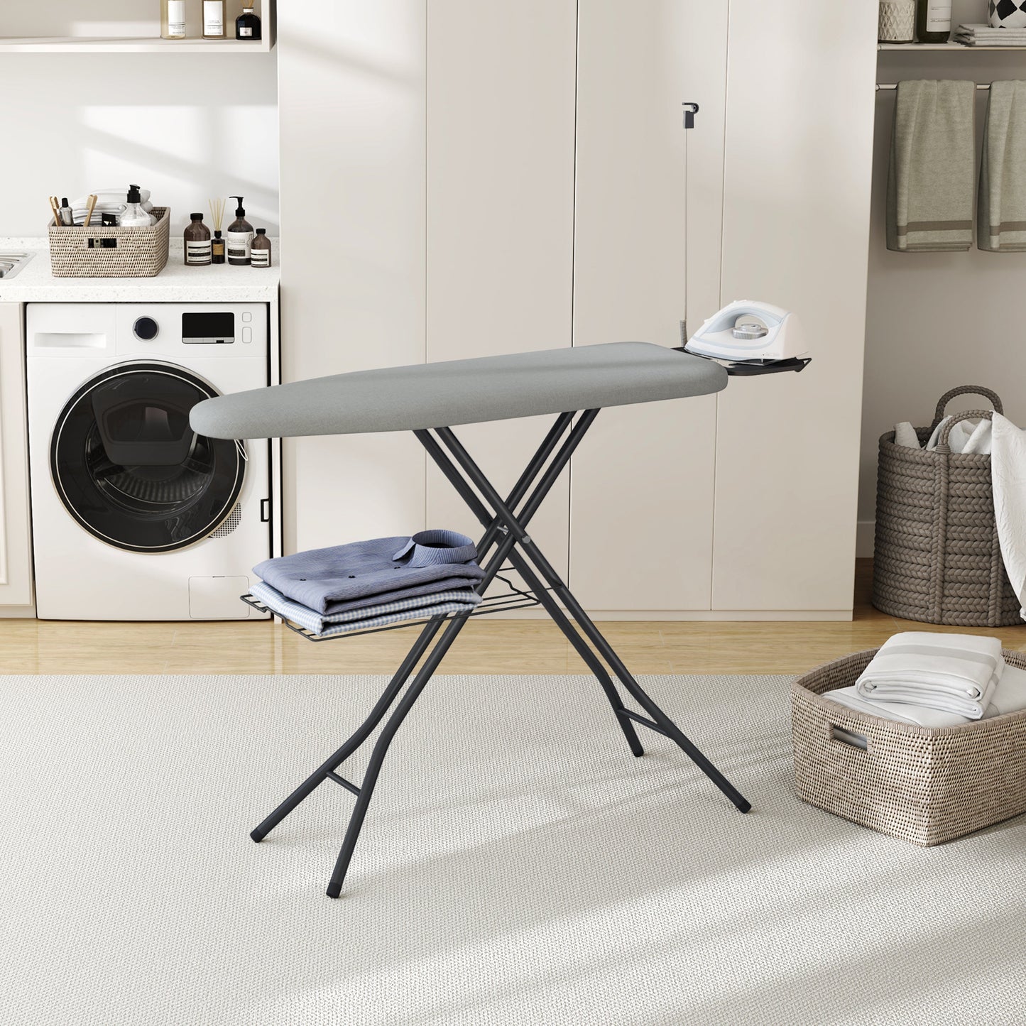 Ironing Board Full Size Foldable Height Adjustable with Clothes Rack Cord Holder 4-Layer Pad Heavy Duty Steel Legs for Laundry Room Living