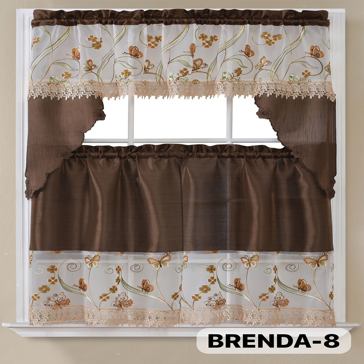 Kitchen Curtains 3 Piece Set Embroidered Satin Valance and Tiers – Rod Pocket Light Filtering Machine Washable 46 Colors