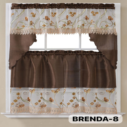 Kitchen Curtains 3 Piece Set Embroidered Satin Valance and Tiers – Rod Pocket Light Filtering Machine Washable 46 Colors