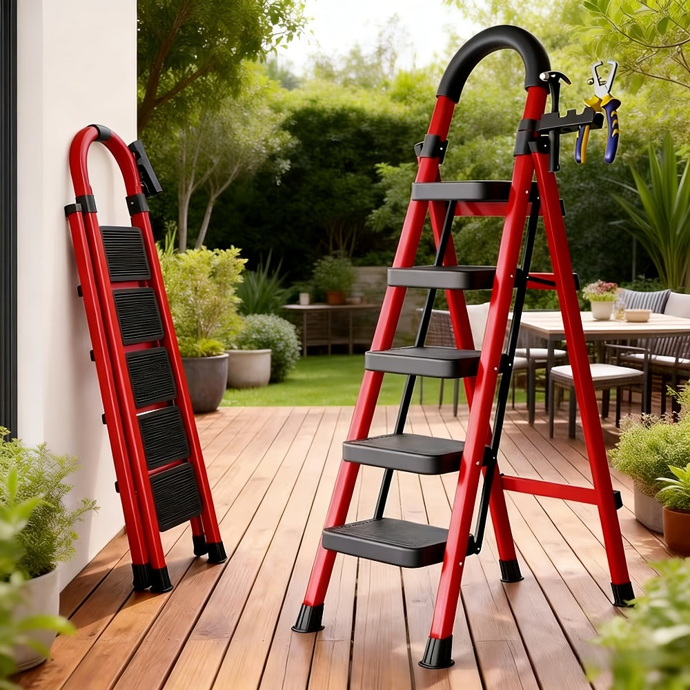 Folding Step Stool Ladder Steel with Anti-Slip Wide Treads & Handrails, Safety Lock, Portable Multi-Step Ladder for Home