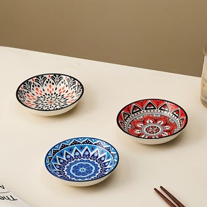 Ceramic Condiment Dish Set of 10, Bohemian Small Saucer Dipping Bowls for Soy Sauce, Vinegar & Spices