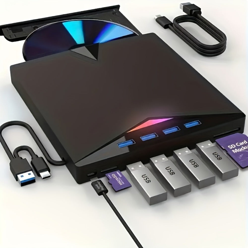 7-in-1 External DVD Drive USB 3.0 with 4 USB Ports & Dual TF/SD Card Reader - High-Speed CD/DVD Burner for Laptop Mac PC
