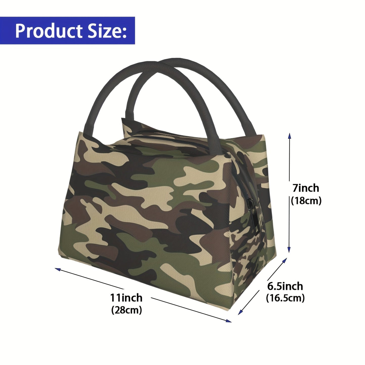 Camouflage Lunch Bag Tote, 11 x 6.5 x 7 Inches with Top Zipper, Dual Carry Handles and Tapered Profile