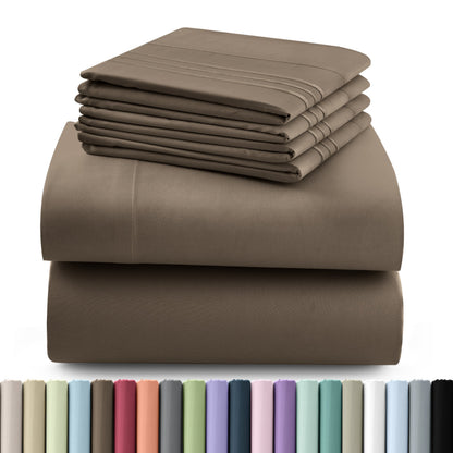 Fitted Sheet Set 6-Piece Brushed Polyester Deep Pocket Bed Sheets 20 Colors Hotel Luxury Bedding with Embroidered Pillowcases