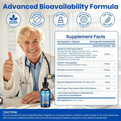 Cortisol Balance Liquid Drops for Stress & Cortisol Belly, KSM-66 Ashwagandha, Magnesium Glycinate & L-Theanine Sublingual Supplement