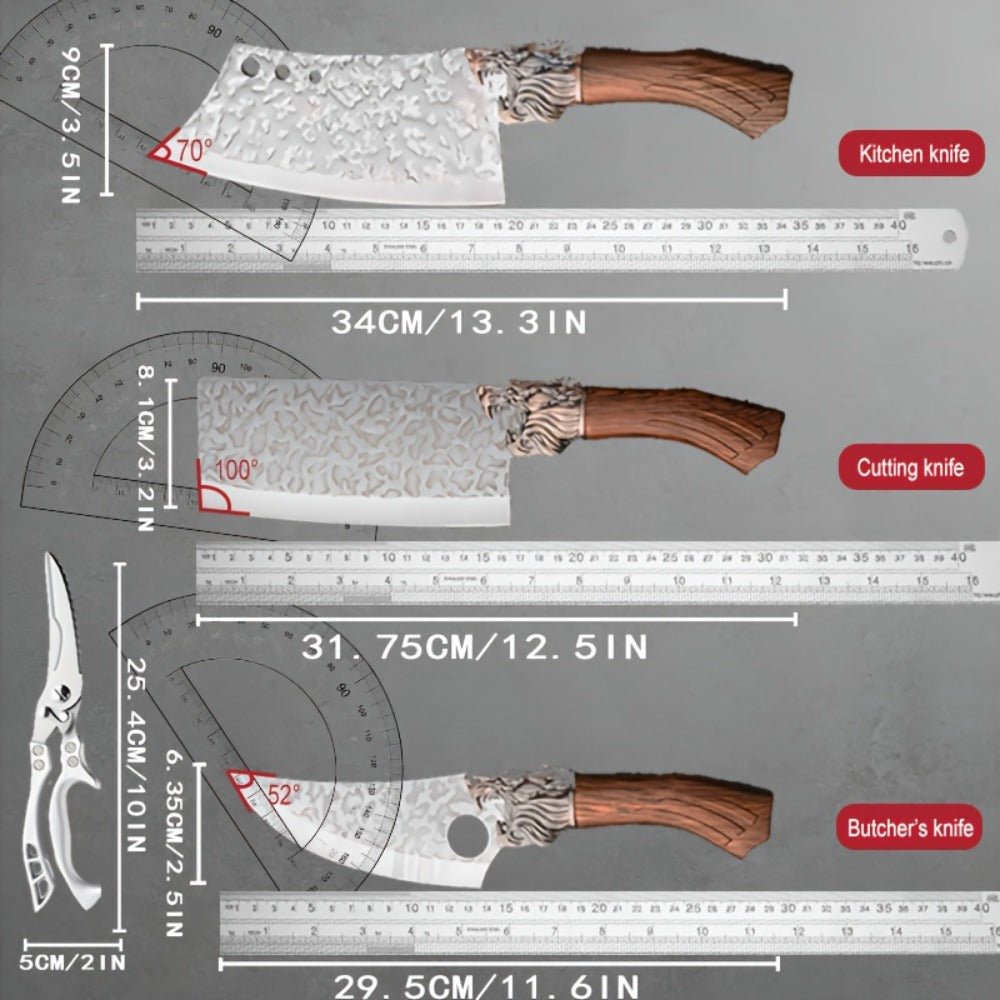 Seven-Piece Kitchen Knife Set with Six Hammered Silver Blades, Scissors and Wood-Look Handles