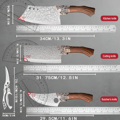 Seven-Piece Kitchen Knife Set with Six Hammered Silver Blades, Scissors and Wood-Look Handles