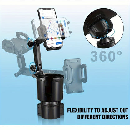 2-in-1 Car Phone Holder & Cup Holder Extender – Swivel Rotating Mount with Shock-Absorbing Trim, Universal for Cars, SUVs & Trucks, Black