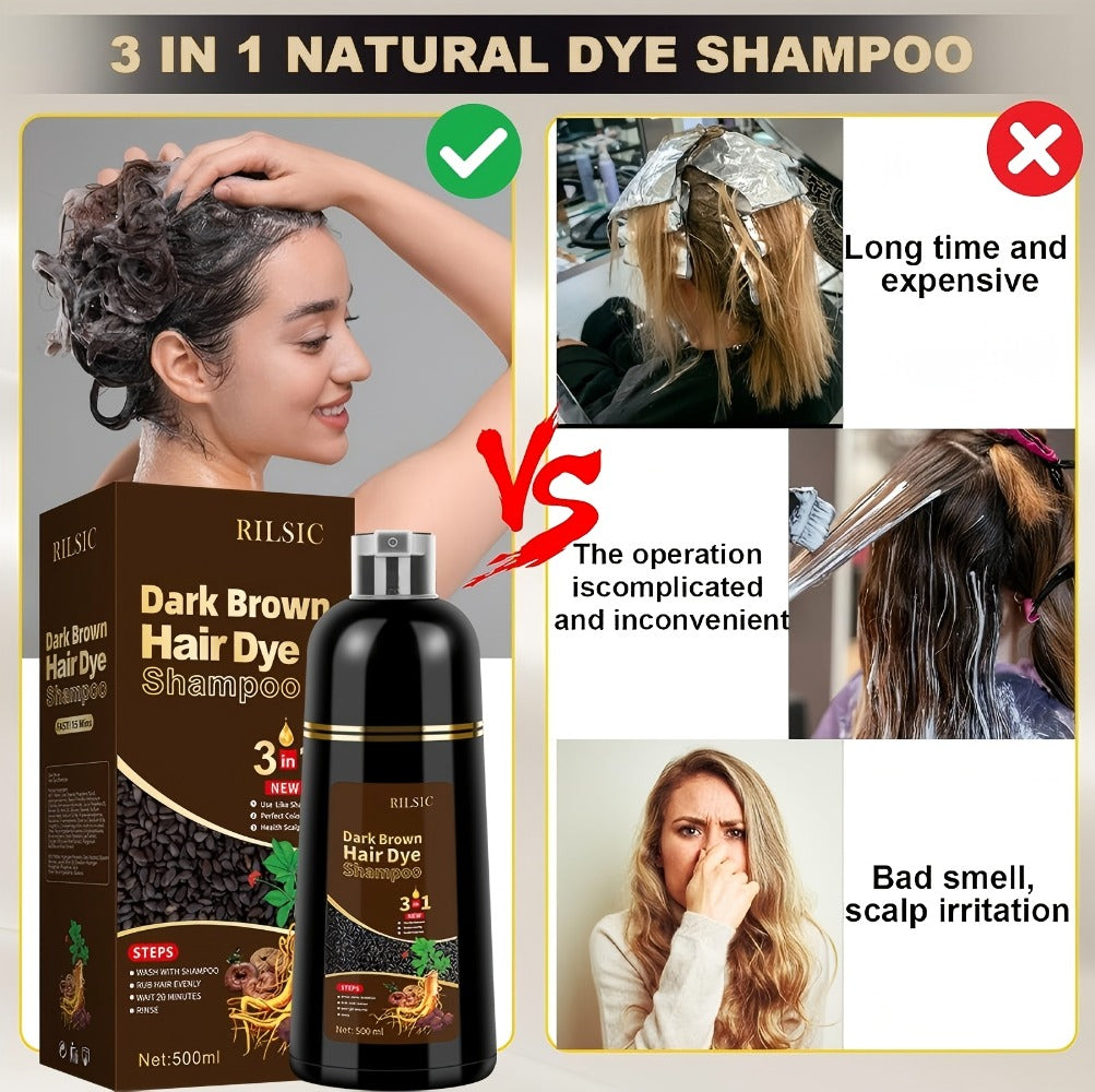 Grey Hair Dye Shampoo 3-in-1 Natural Plant-Based Herbal Formula – Non-Stick Scalp, Covers White Hair in Minutes, 500ml – Black, Dark Brown