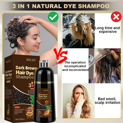 Grey Hair Dye Shampoo 3-in-1 Natural Plant-Based Herbal Formula – Non-Stick Scalp, Covers White Hair in Minutes, 500ml – Black, Dark Brown