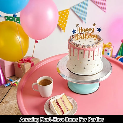 9.84-Inch Rotating Cake Turntable with Frosting Spatula and Pink, Sky Blue or White Base for Decorating