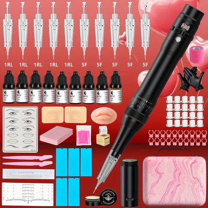 Permanent Eyebrow Tattoo Kit PMU Pen - Includes Tattoo Pen, Ink, Eyebrow & Lip Tattoo Needles, Practice Accessories