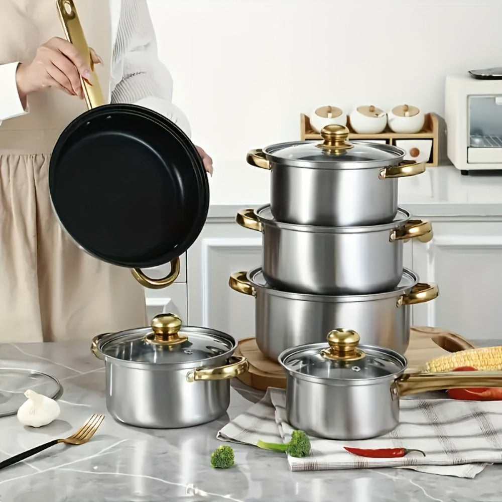 Stainless Steel Non-Stick Cookware Set 10/12pcs, 316 Grade Steel Frying Pan, Stockpot & Milk Pot with Lid