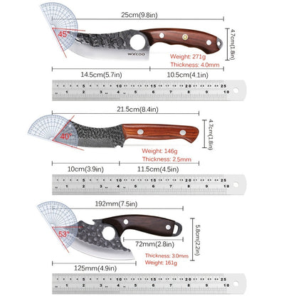 Kitchen Chef Knife Set 3 Piece Stainless Steel - Sharp Boning Knife, Utility Knife & BBQ Knife with Hammered Blade