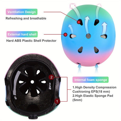 Kids Gradient Color Bike Helmet & Gear Set for Ages 5+ Boys Girls Helmet Knee Elbow Pads for Cycling Skating Scooter Sports Safety Gift