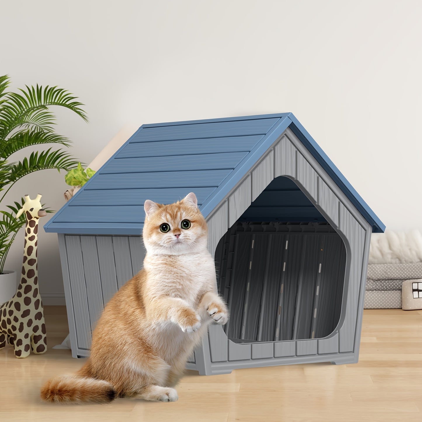 Outdoor Cat House XL Resin Weatherproof Cat Shelter with Raised Floor Indoor Outdoor Small Animal Enclosure Easy Assembly Cat Play Cage
