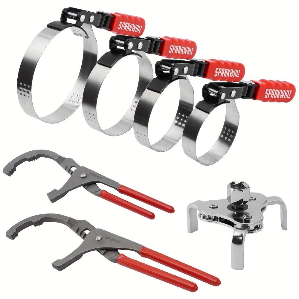Oil Filter Removal Tool Kit 7-Piece Adjustable 3-Jaw Wrench 9" 12" Oil Filter Pliers Anti-Slip PVC Handle Fits 2-3/4" to 5-1/4" Filters