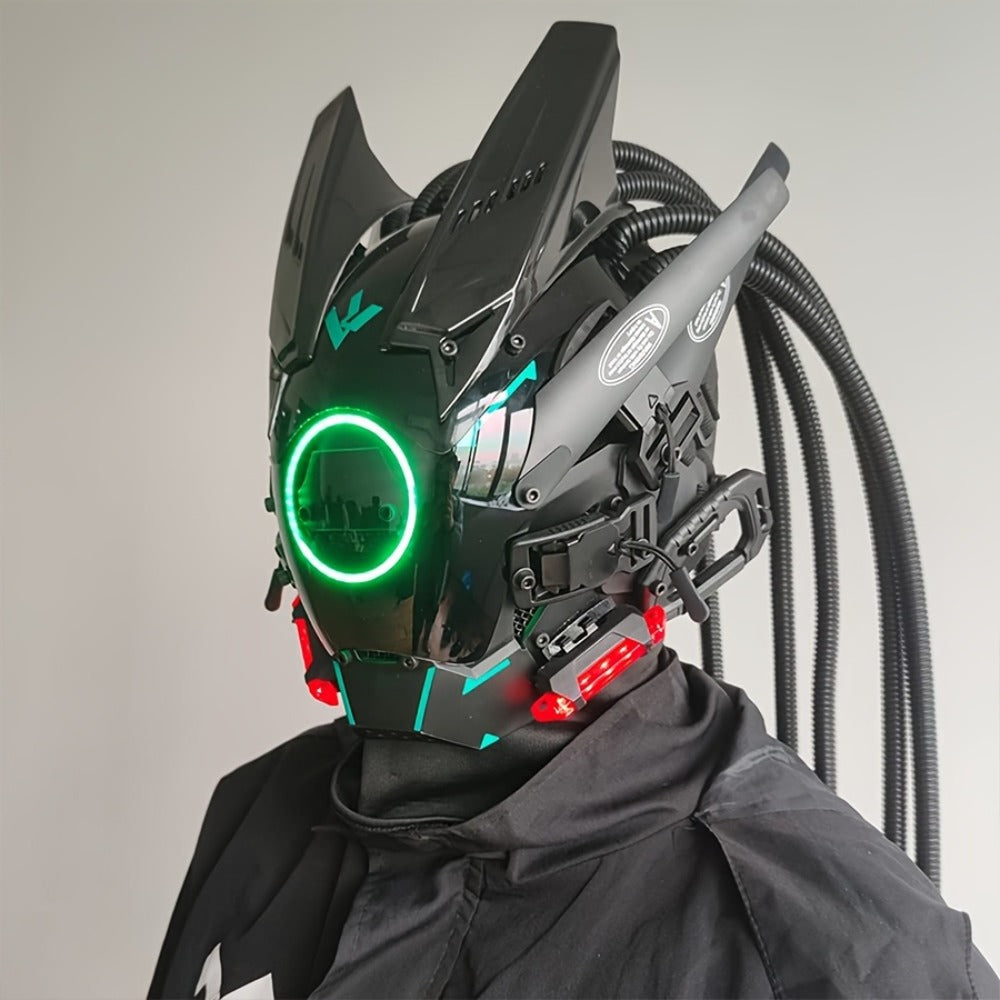 LED Cyberpunk Samurai Mask with Braids, Futuristic Sci-Fi Mechanical Face Mask for Halloween, Cosplay