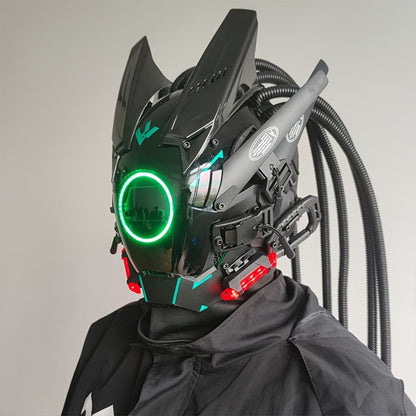 LED Cyberpunk Samurai Mask with Braids, Futuristic Sci-Fi Mechanical Face Mask for Halloween, Cosplay
