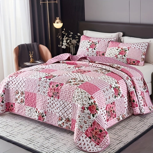 Bright Pink Floral Patchwork Three-Piece Bedspread Set with Twin, Full-Queen and King Size Options