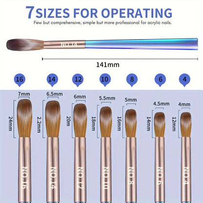 Nail Art Brush Set 7Pcs Aurora Blue Handle – Professional Acrylic Gel UV Nail Painting Brushes for Sculpting Dotting Liner Drawing