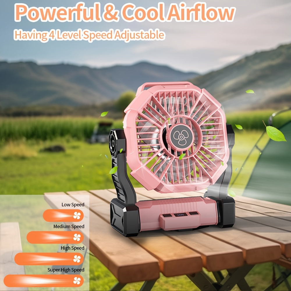 Portable Camping Fan 3-in-1 with LED Lantern & USB Charging – Battery Powered Tent Fan with Timer, 360° Rotation, for Outdoor Camping