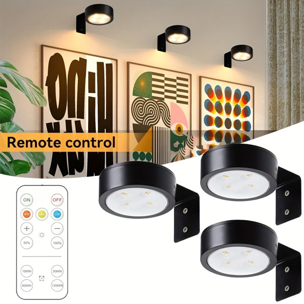 Battery Operated Picture Lights 3-Pack, Magnetic Painting Light with Remote & Timer, 3 Lighting Modes Dimmable Wireless Wall Puck Lights