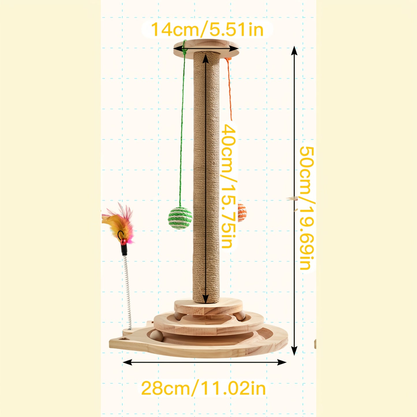 Multi-Level Sisal Cat Scratching Post 4-in-1 with 6 Wooden Balls 2 Hanging Balls & 2 Feather Teaser Toys – Premium Thickened Sisal Anti-Slip