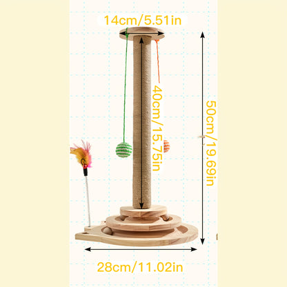 Multi-Level Sisal Cat Scratching Post 4-in-1 with 6 Wooden Balls 2 Hanging Balls & 2 Feather Teaser Toys – Premium Thickened Sisal Anti-Slip