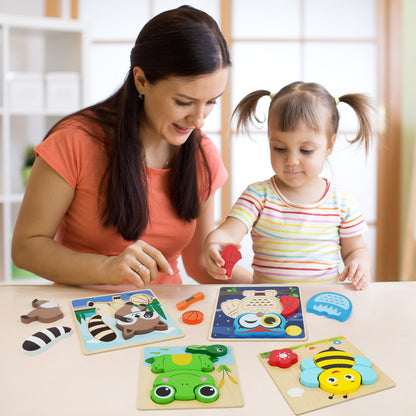 Wooden Animal Puzzles for Toddlers 8-Pack, Colors & Shapes Cognition Learning Toy for Kids Ages 1 2 3