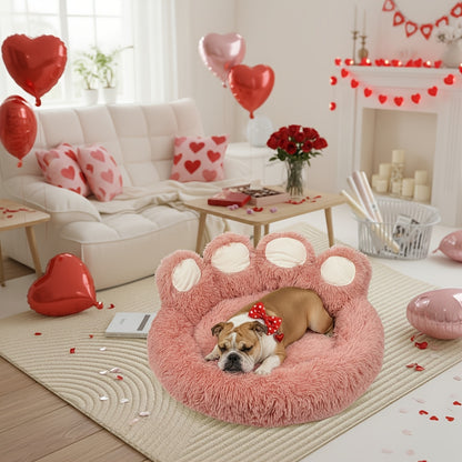 Dog Bed Cat Bed Bear Paw Shaped Donut – Calming Round Plush Pet Mattress, Warm & Soft Cuddler Bed for Dogs and Cats, Includes Pet Scarf