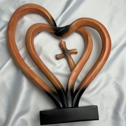 Resin Cross Ornament Wood Grain Love Design – Modern Decorative Cross Statue for Home Office Desktop, Mother's Day Valentine's Day Gift