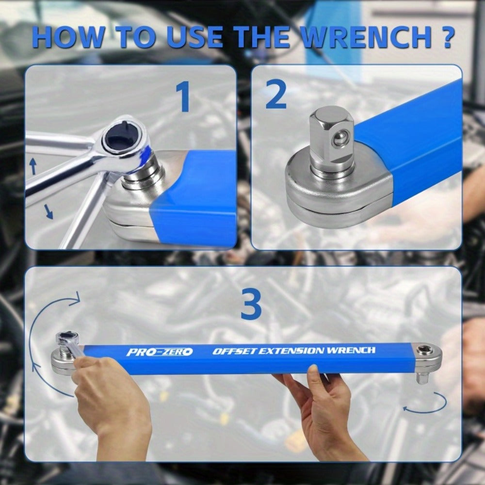 Ratchet Wrench 2-in-1 Offset Extension with 1/4" 3/8" 1/2" Square Head Adapters, 180-Degree Rotation High Torque Non-Slip Handle