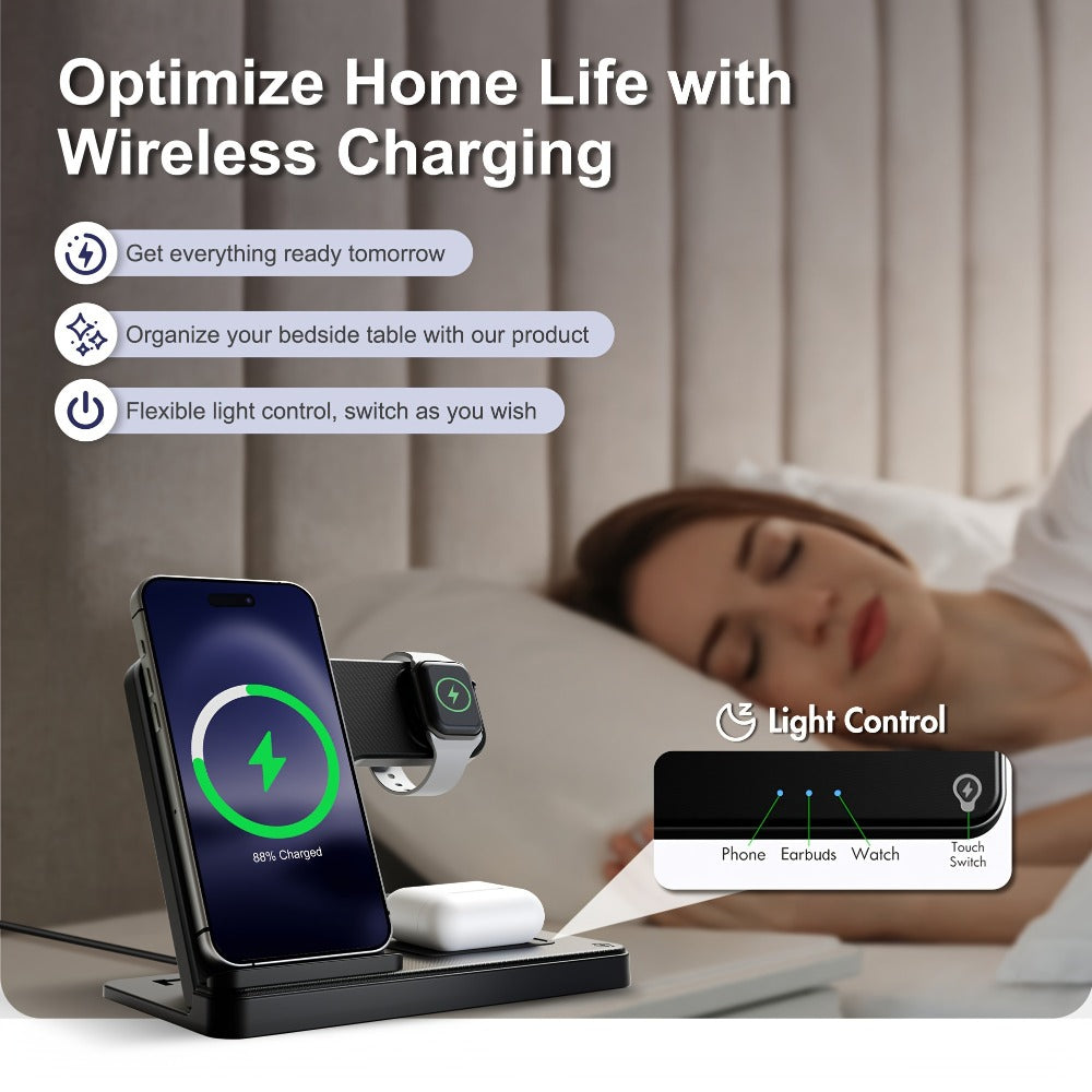 Foldable 3-in-1 Wireless Charging Station with LED Indicator & Anti-Slip Fast Charge for iPhone 17 16 15 14 13 12 11 Pro Max XR XS