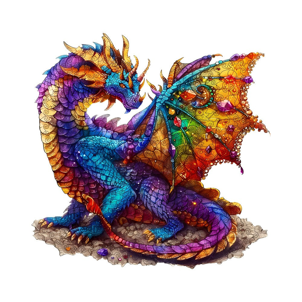 Dragon Wooden Jigsaw Puzzle Gemstone Fantasy – Colorful Irregular Animal Shaped Pieces, Unique Non-Repetitive Plywood Brain Teaser