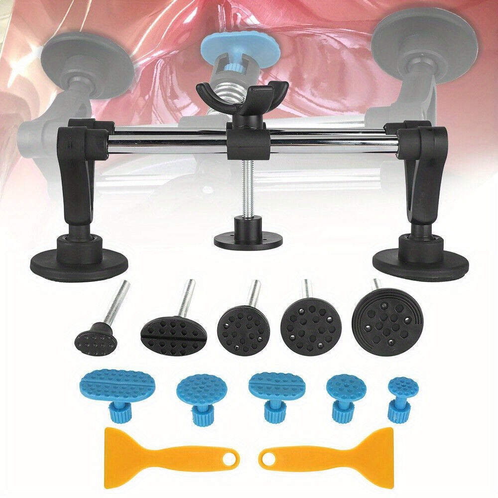 Thirteen-Piece Bridge-Style Dent Puller Set with Suction Feet, Puller Tabs and Two Scraper Tools