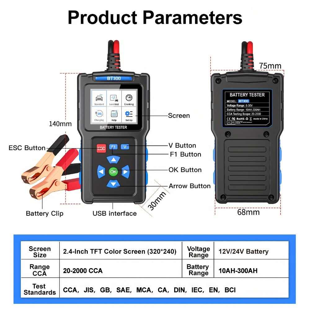 Car Battery Tester 12V 24V 20-2000 CCA Automotive Battery Load Tester and Alternator Tester for AGM GEL Lead-Acid Batteries Multi-Language