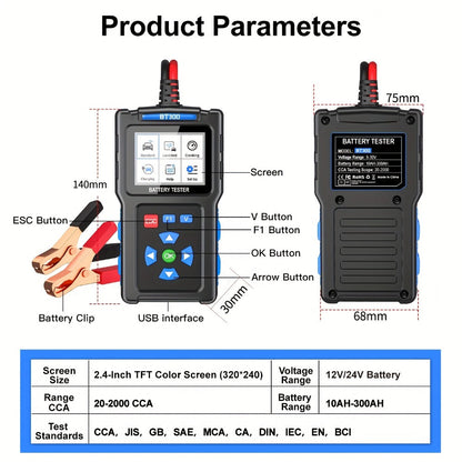 Car Battery Tester 12V 24V 20-2000 CCA Automotive Battery Load Tester and Alternator Tester for AGM GEL Lead-Acid Batteries Multi-Language