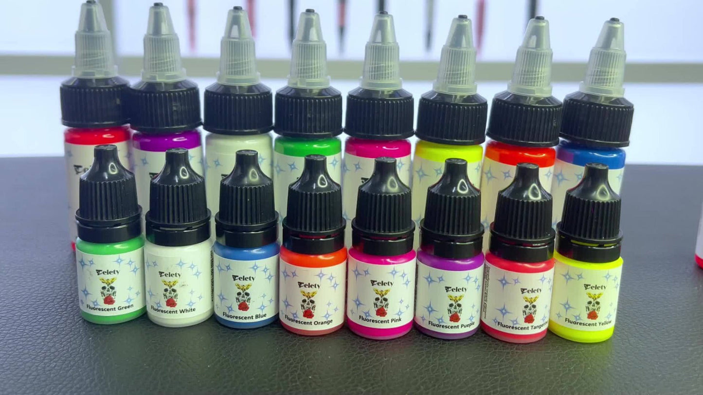 Tattoo Ink 8-Color UV Fluorescent Bottle Set with Violet and Neon Shades Across the with Item-Specific Color, Capacity and Bottle