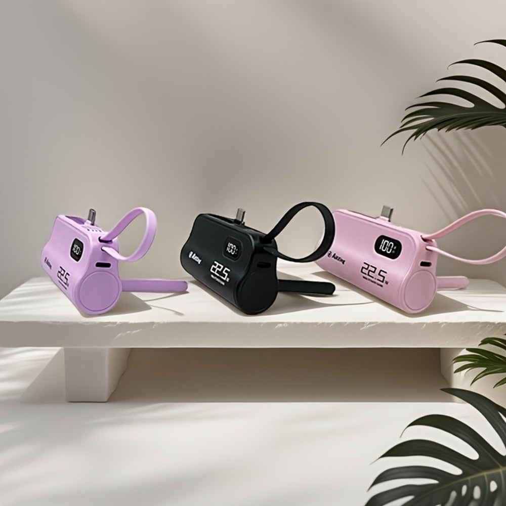 5000mAh Capsule-Style Power Bank with 22.5W Marking, Hidden Stand, Digital Display and USB Cable