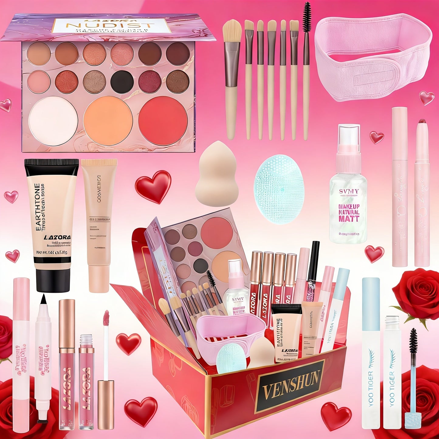 Full Face Makeup Gift Set for Women, Foundation, 18-Color Eyeshadow Palette, Coral Lipstick & Eyebrow Pencil