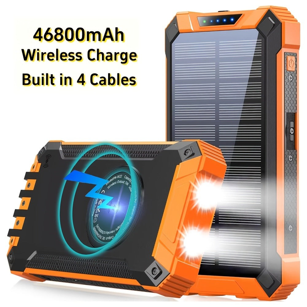 Solar Power Bank, 46800mAh Wireless Charger with Four Built-In Cables, Dual LED Lights and Five Color Options